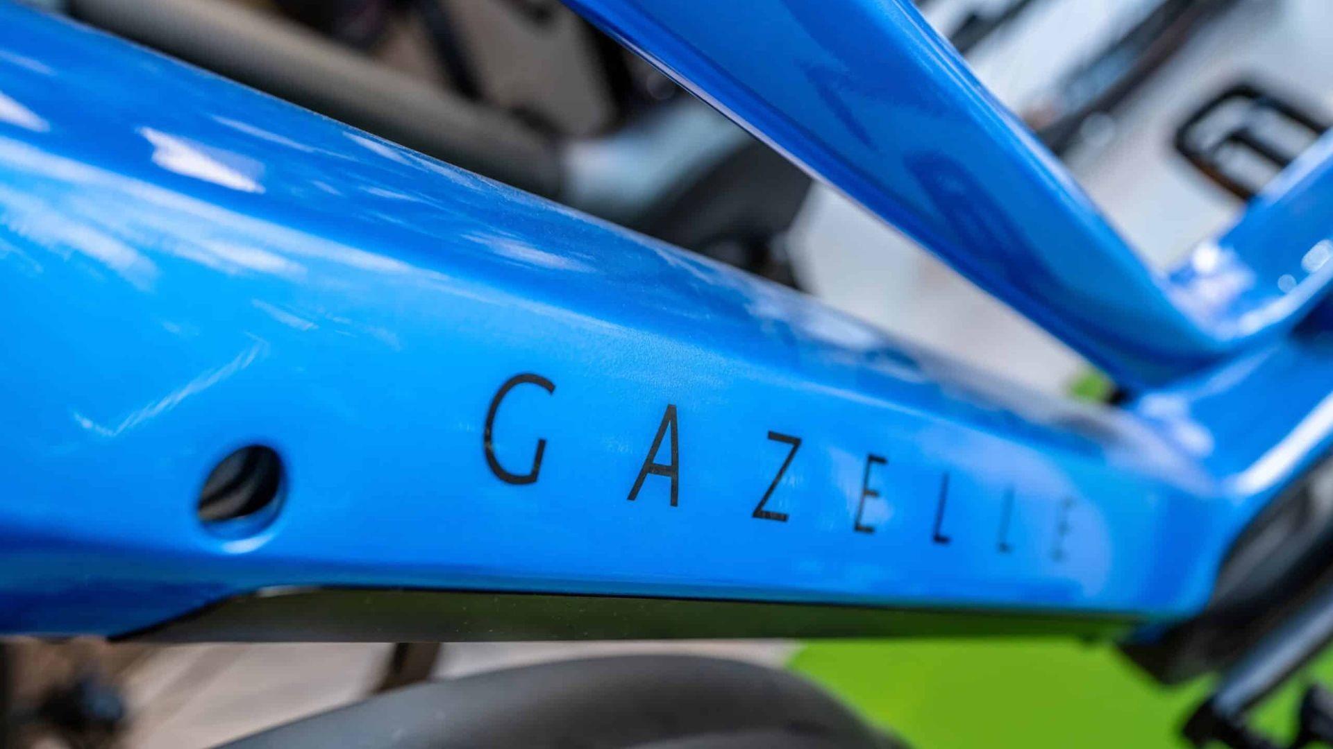 Auf dem Bild ist eine Nahaufnahme eines e-Bikes von Gazelle in leuchtendem Blau.