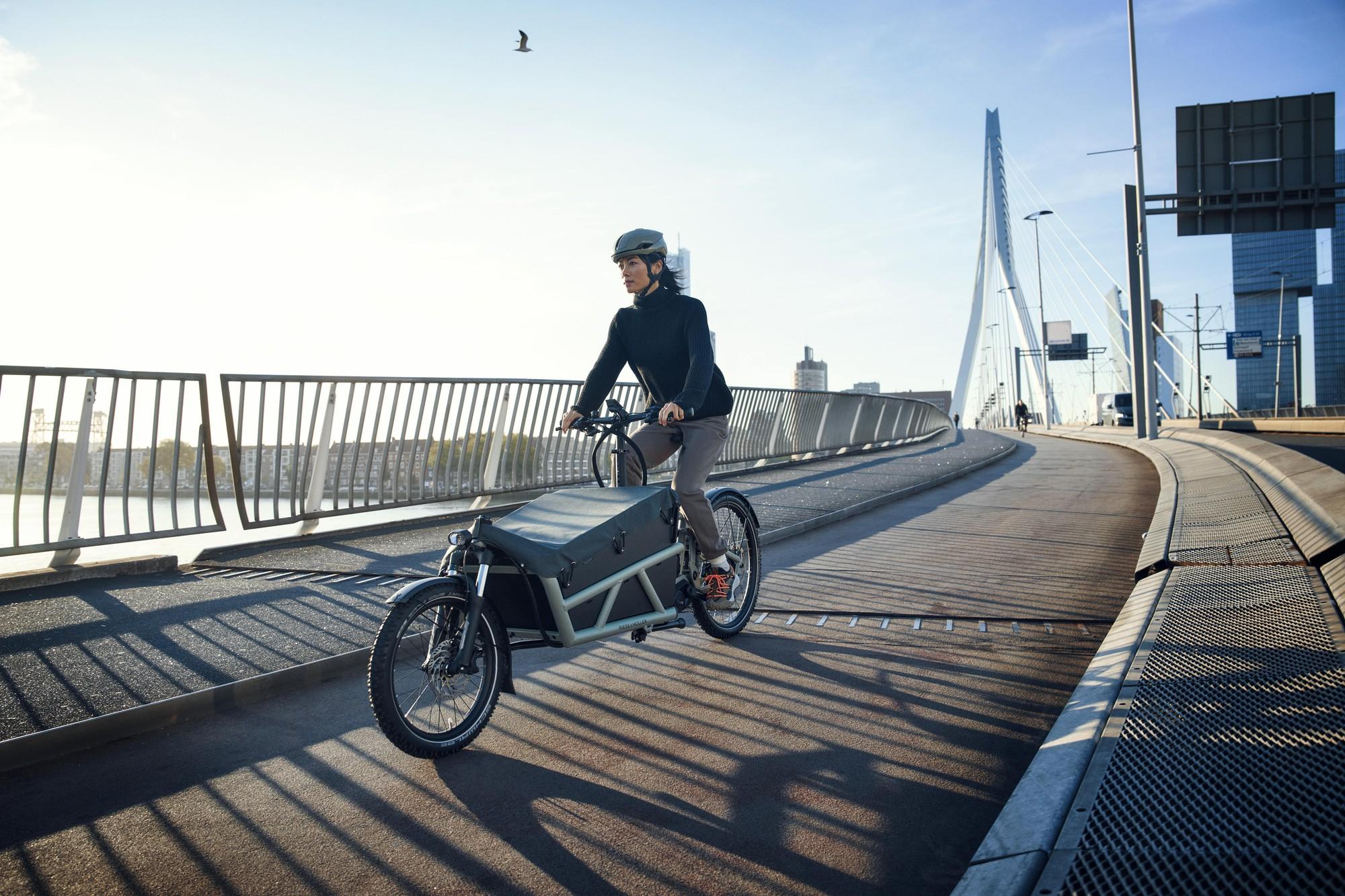 Das Bild zeigt ein Riese & Müller Load4 60, ein modernes E-Lastenrad, das sich ideal für den urbanen Einsatz eignet