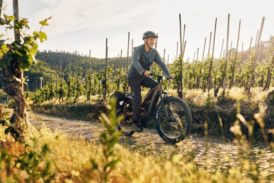 Mann fährt Giant Stormguard E-Bike durch Weinberglandschaft