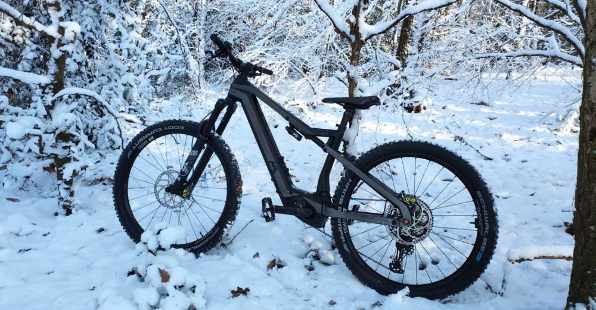 Das Bild zeigt ein M1 AM 400 SX Light E-Mountainbike, das in einer verschneiten Waldlandschaft positioniert ist. De
