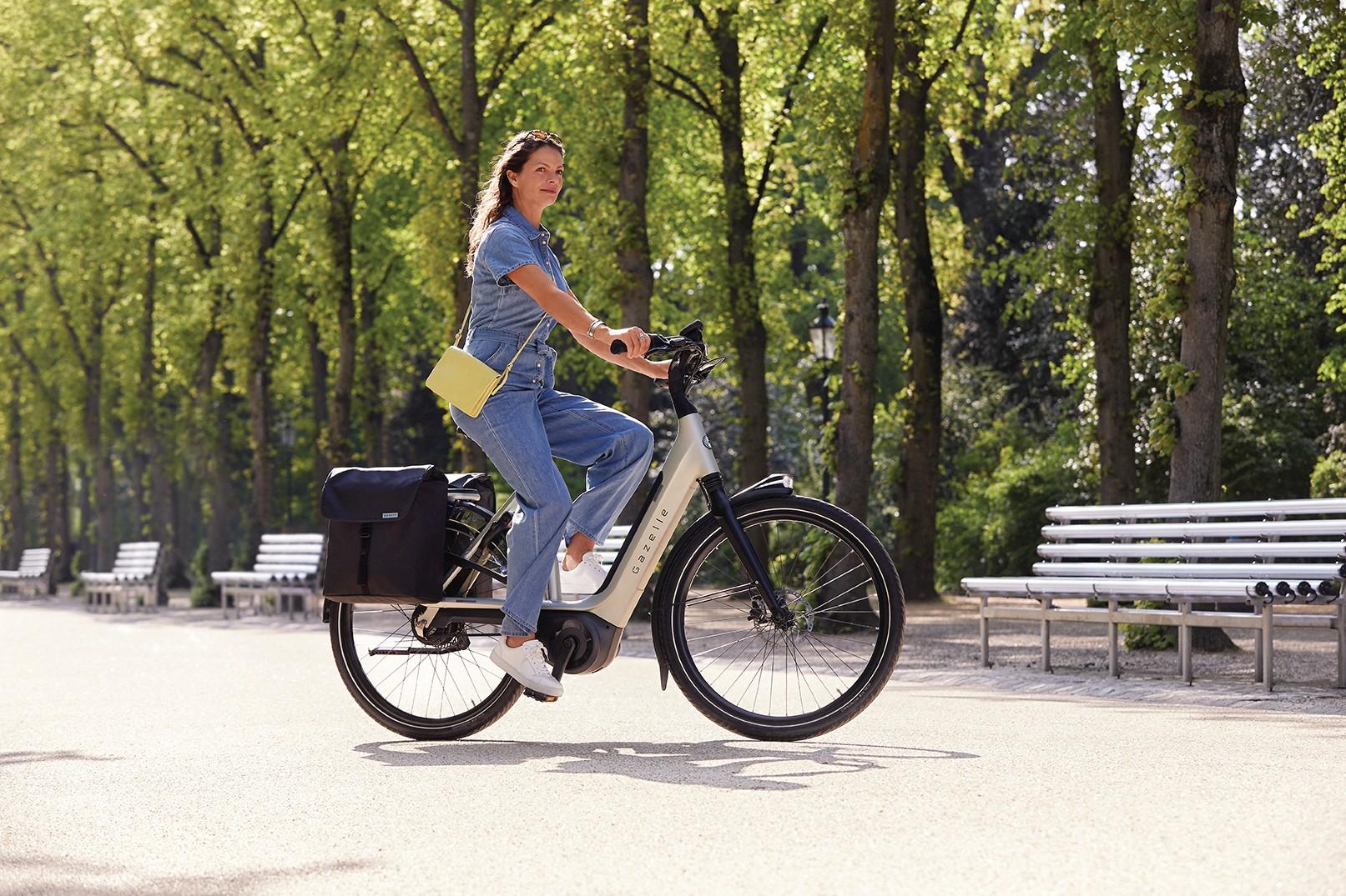 Frau mit Gazelle Avignon e-Bike im Park
