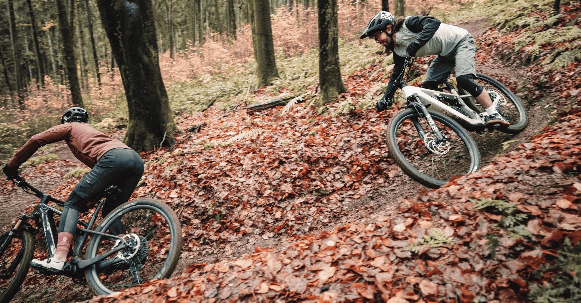 Zwei Personen fahren mit ihren e-Mountainbikes von Focus durch den Wald
