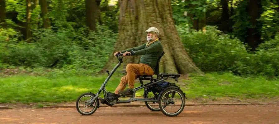 Mann fährt Dreirad-E-Bike im Park vor Baumkulisse