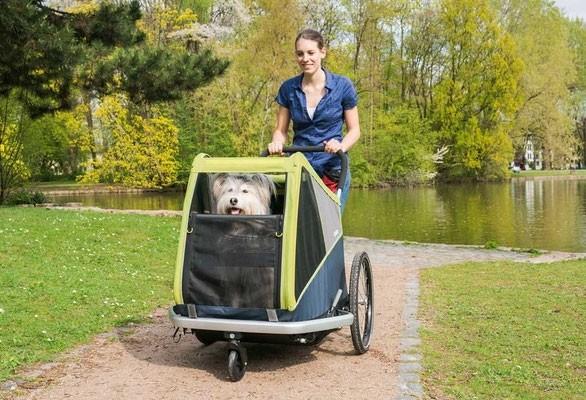 Das Bild zeigt eine Frau auf einem e-Bike mit einem Croozer Anhänger in dem ein Hund sitzt