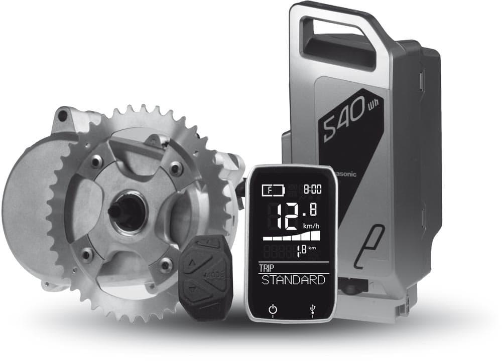 Leistungsstarker Panasonic Mittelmotor mit S40 Akku und Display für ein effizientes Fahrerlebnis. Ideal zur E-Bike