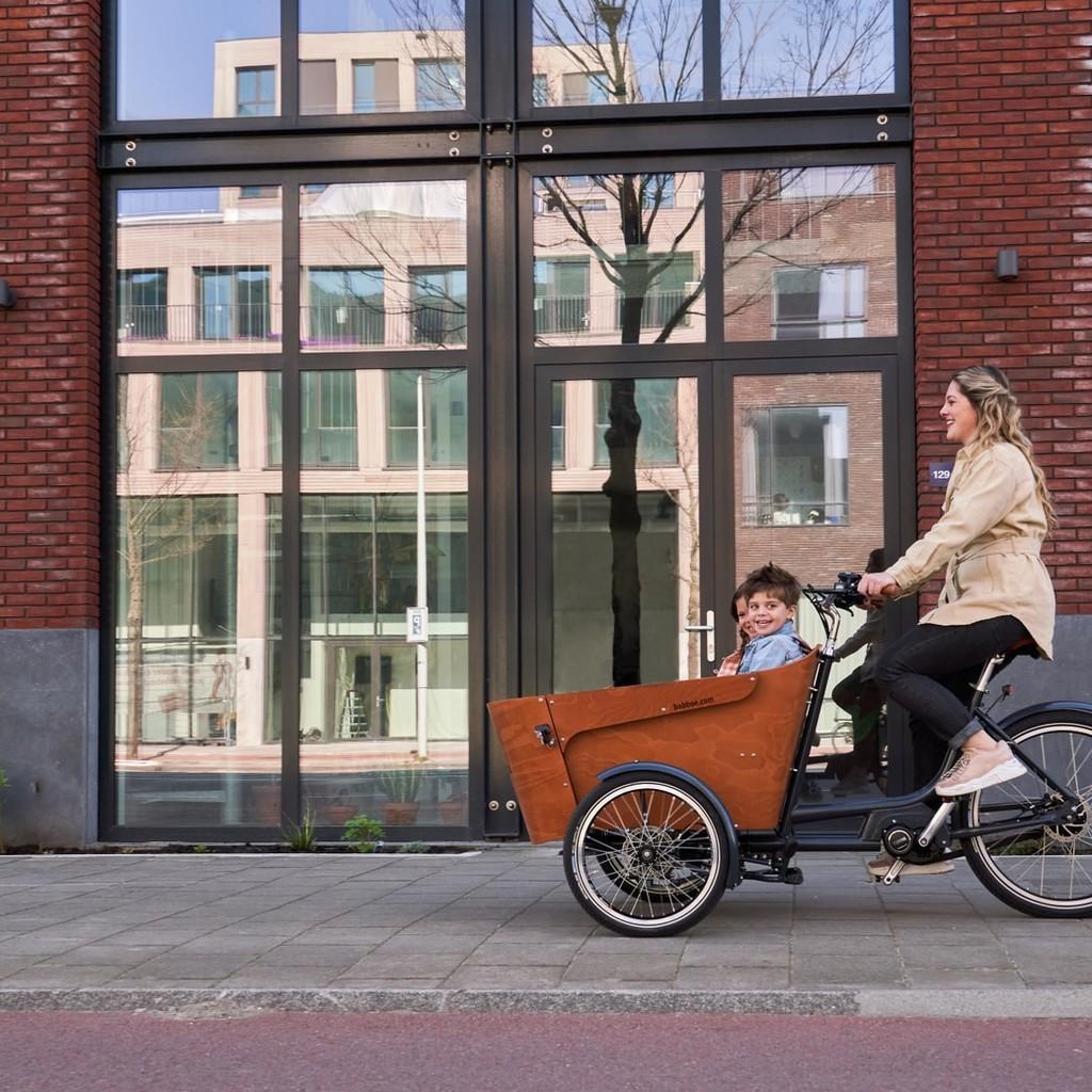 Erleben Sie Mobilität mit dem Babboe Carve Lastenrad, ideal für Familienausflüge. Komfortabler Kindersitz und moder