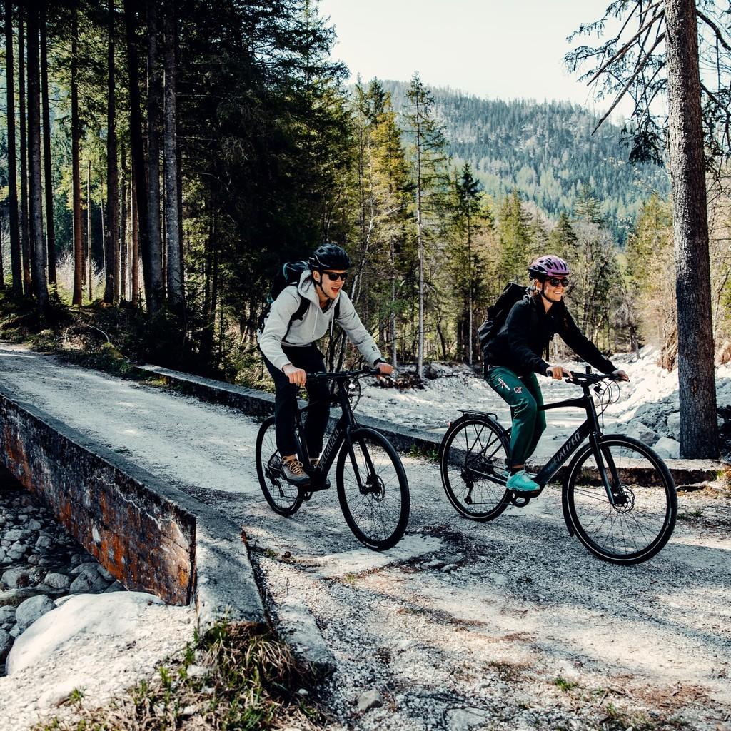 Zwei Personen fahren auf E-Bikes durch einen Wald. Ideal für Naturbegeisterte, die Abenteuer und frische Luft suche
