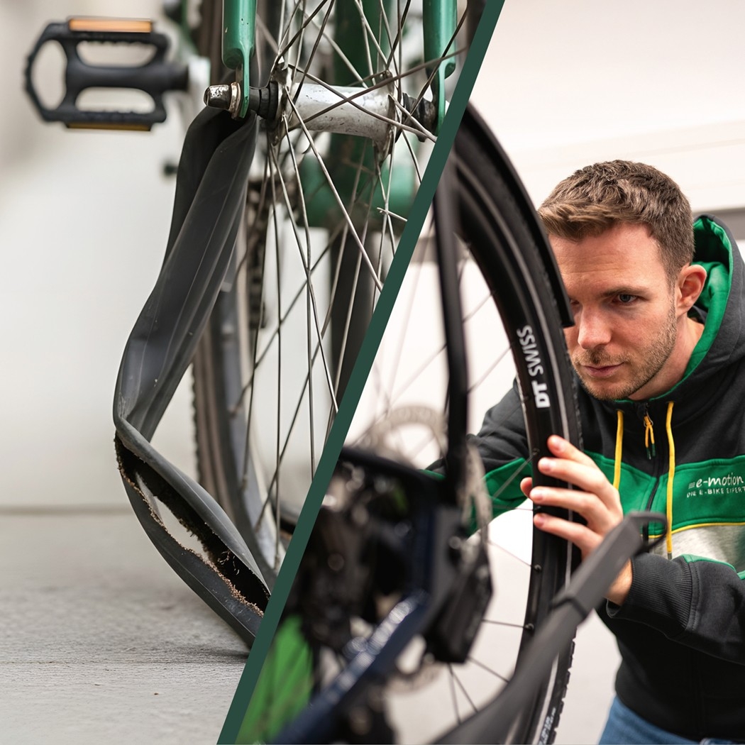 Auf der linken Seite ein Rad mit Platten, auf der rechten ein Werkstatt Experte am Bike