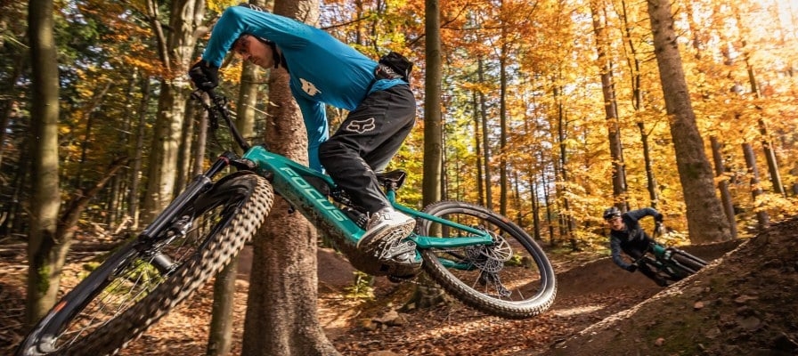 Zwei Mountainbiker auf Focus Bikes im herbstlichen Wald
