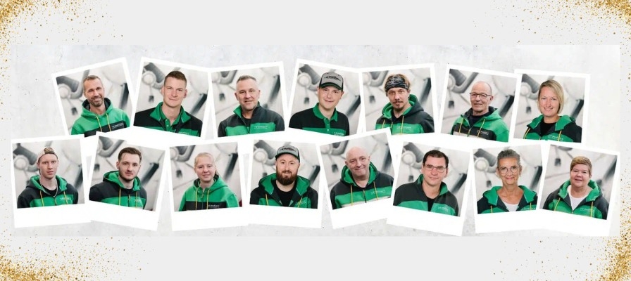 Das Bild zeigt eine Collage aus mehreren Porträtaufnahmen von Mitarbeitern einer E-Bike Werkstatt in Hamburg