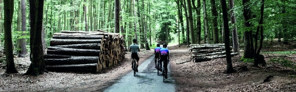 Gravelbiker im Wald auf Waldweg zwischen Holzstapeln