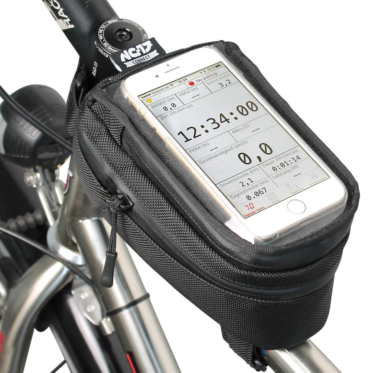 Praktische Rahmeltasche mit integriertem Handyhalter, ideal für Radtouren. Sichere Smartphone-Befestigung für einfa