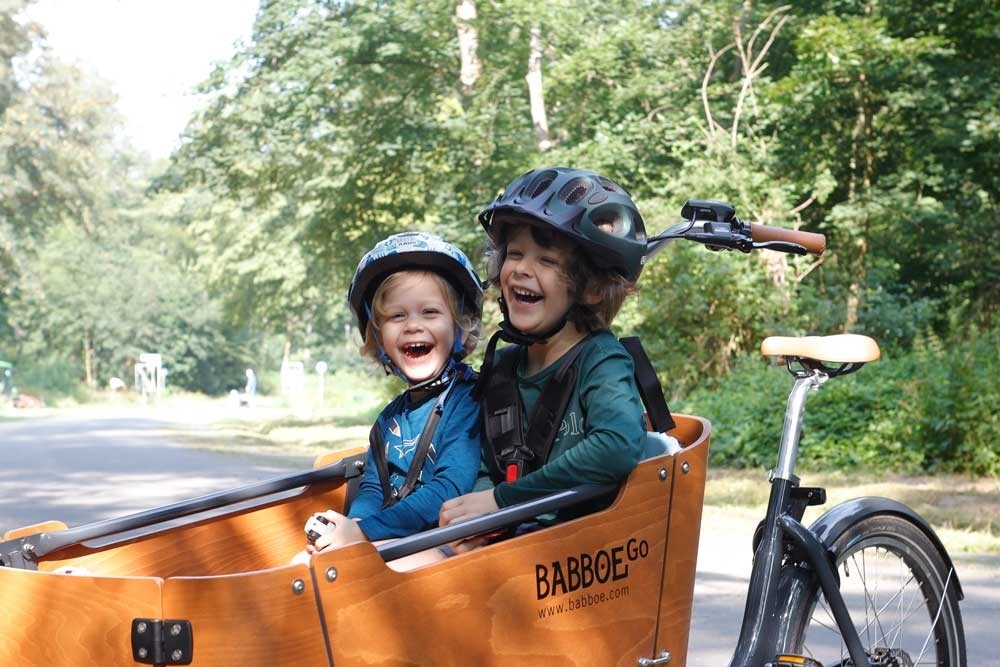 Zwei Jungs in der Transportbox des Babboe Go Mountain Lastenfahrrads