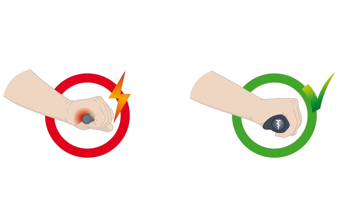 Das Bild zeigt zwei Illustrationen von Handhaltungen am e-Bike-Lenker. Links ist die Hand in einem roten Kreis mit